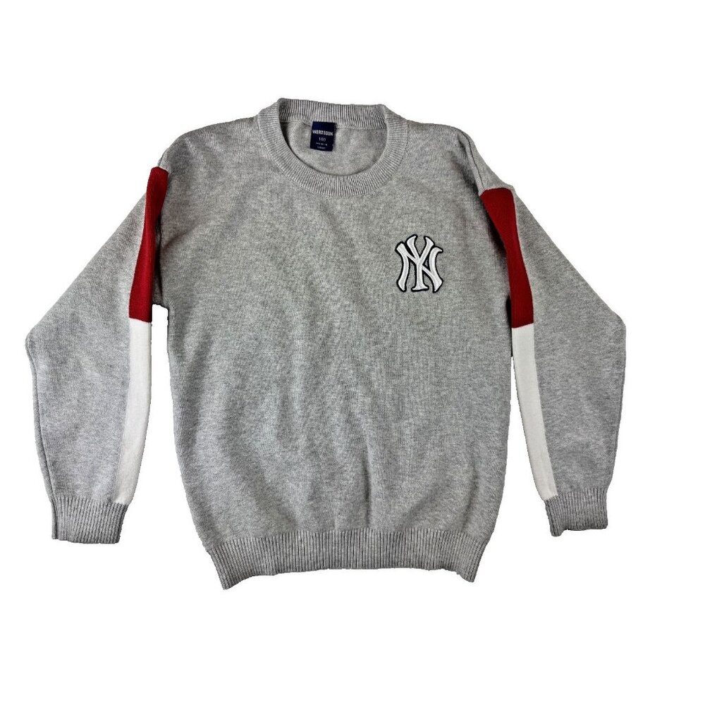 Boys Gray Knit Sweater Size 9/10 with preppy red & white stripes on sleeves‎